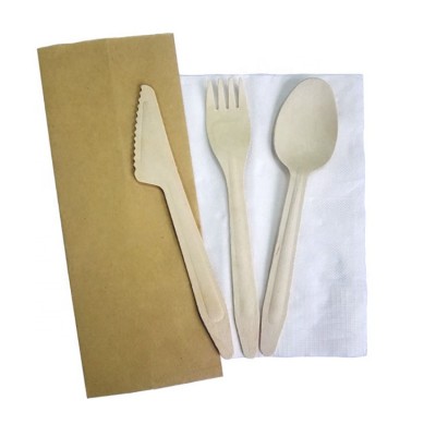 Paper Individual Packing Wooden Cutlery Knife  Fork and  Spoon Set